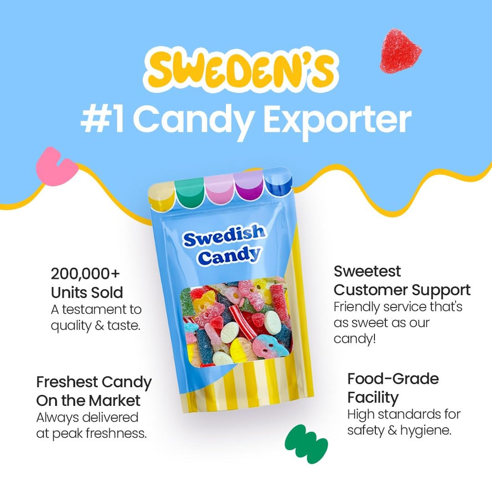Chewy Swedish gummies with a glossy finish and fruity flavors