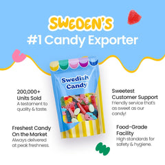 Chewy Swedish gummies with a glossy finish and fruity flavors