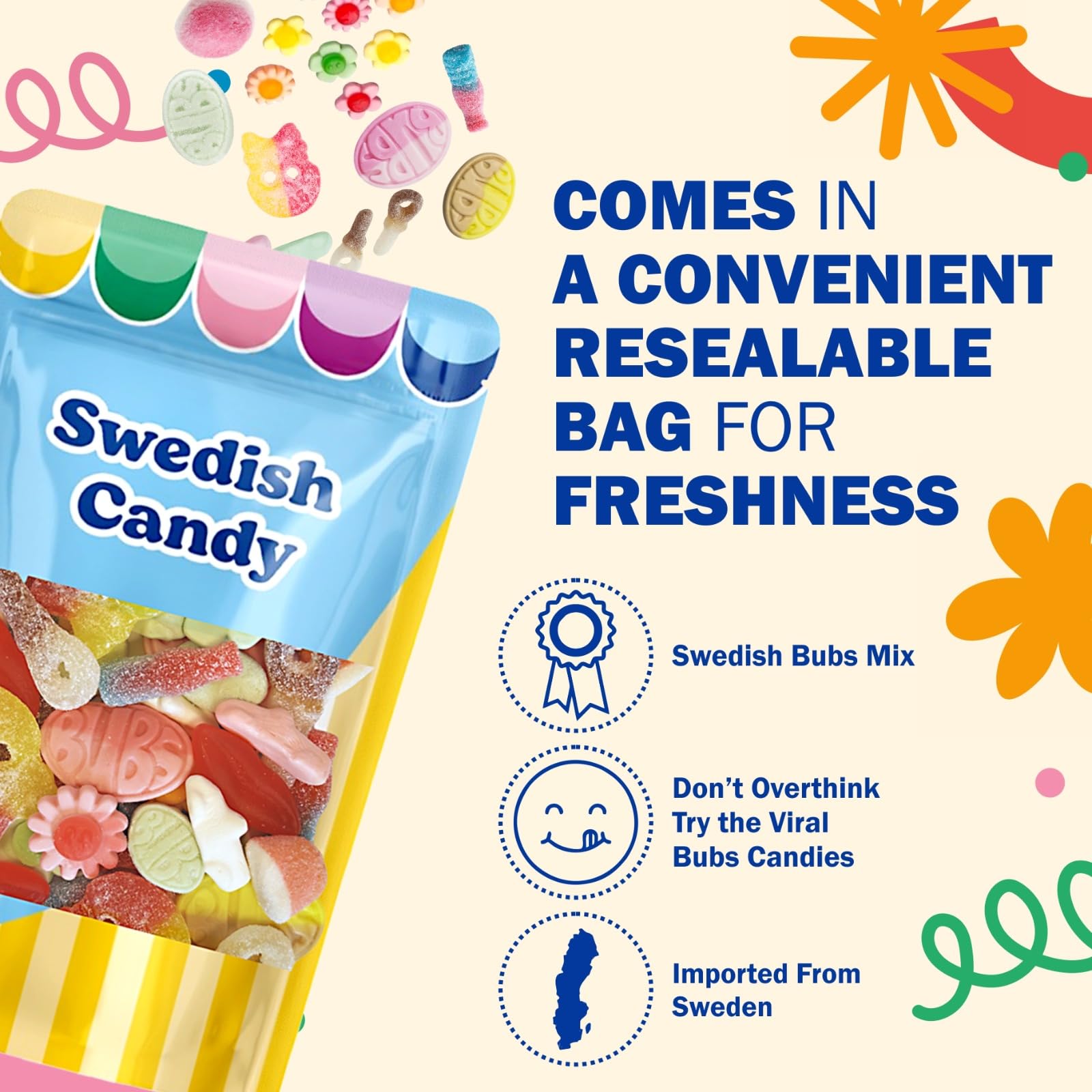 Scandylicious BUBS colorful fruit flavors in a classic pick-and-mix assortment.