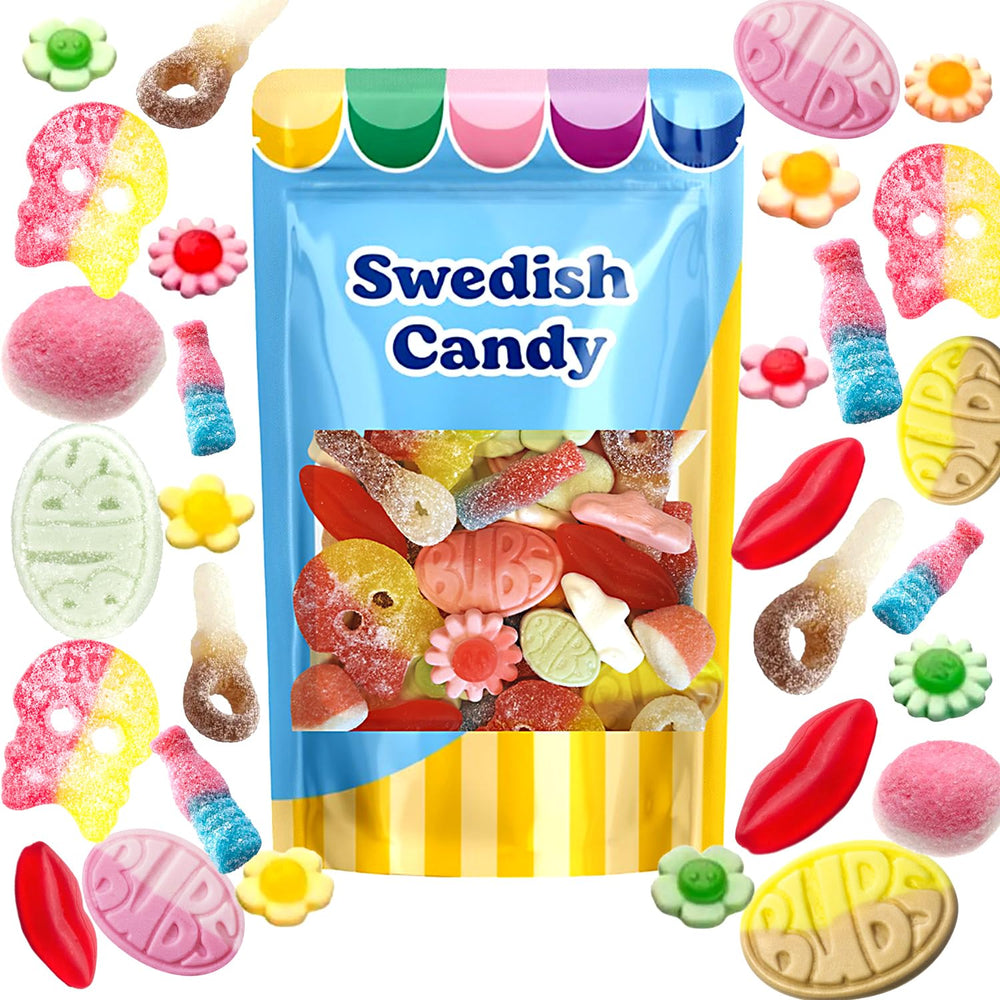 Scandylicious BUBS sour and sweet pick-and-mix gummies in a 1 lb bag for sharing.
