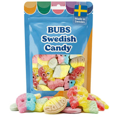 Scandylicious Bubs Swedish Candy Mix Banana-Toffee Ovals—soft chew with bold banana flavor.