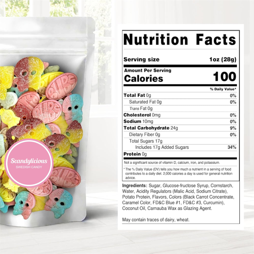 Scandylicious Bubs Swedish Candy Mix skull gummies with tangy flavor for parties