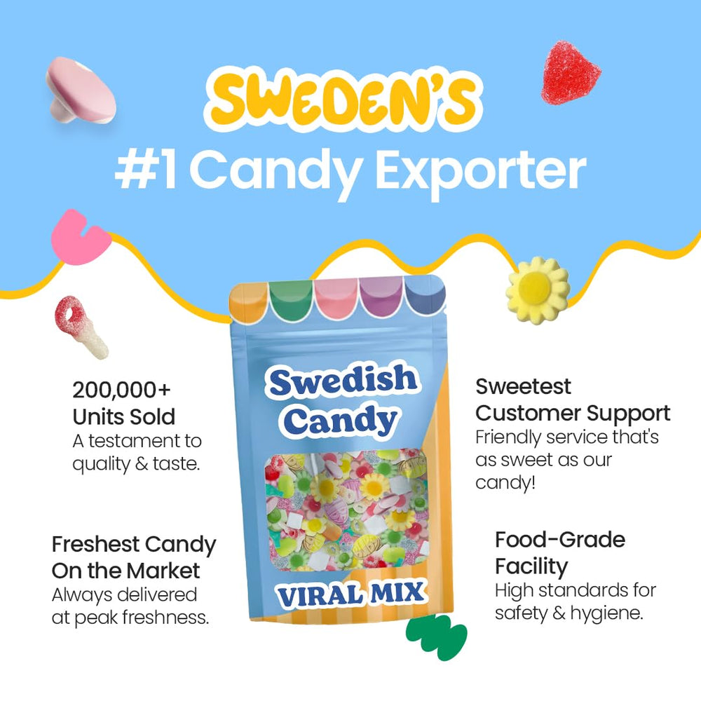 Assorted Swedish sweets from Scandylicious with BUBS gummies for a classic snack mix.