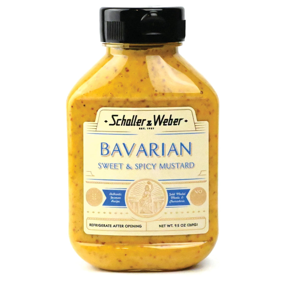 Schaller & Weber Bavarian Mustard front view bottle shows bold flavor for sausages.