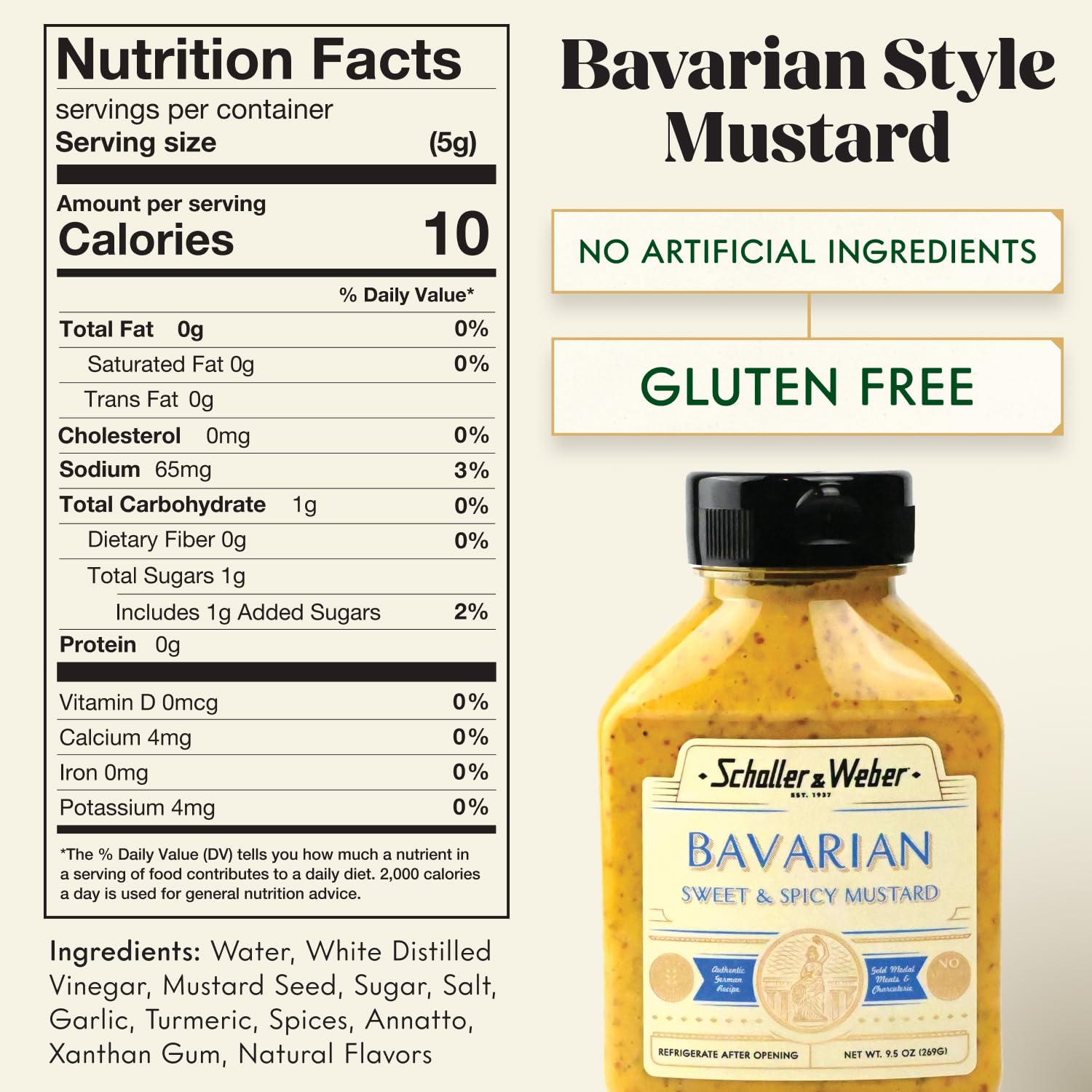 Schaller & Weber Bavarian Mustard label close-up highlights premium ingredients and tradition.
