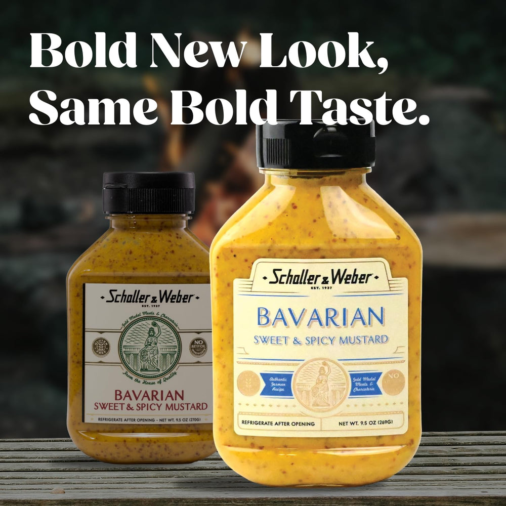 Schaller & Weber Bavarian Mustard being poured reveals smooth texture for dipping.