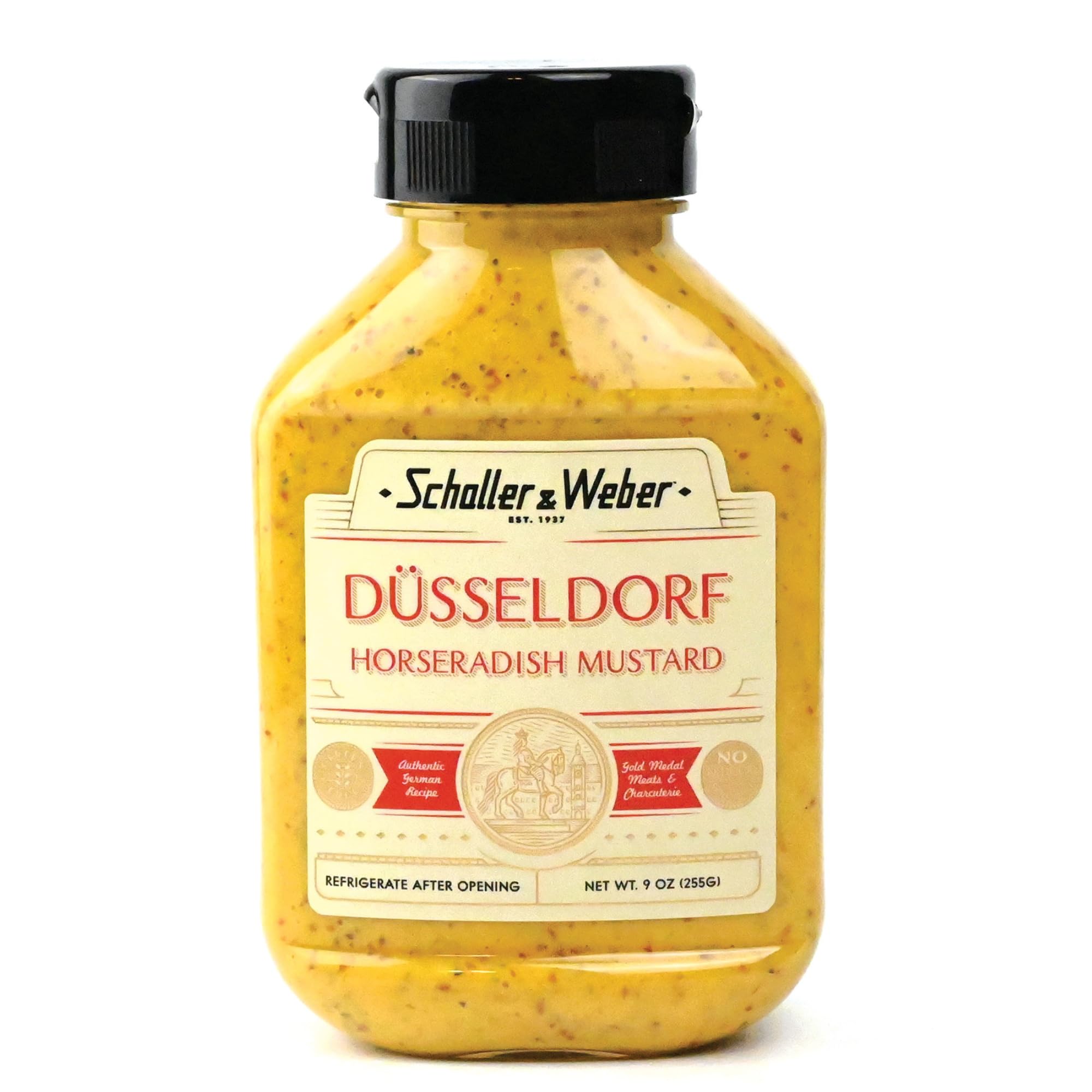 Schaller & Weber Dusseldorf Horseradish Mustard 9oz bottle adds bold flavor to sausages.