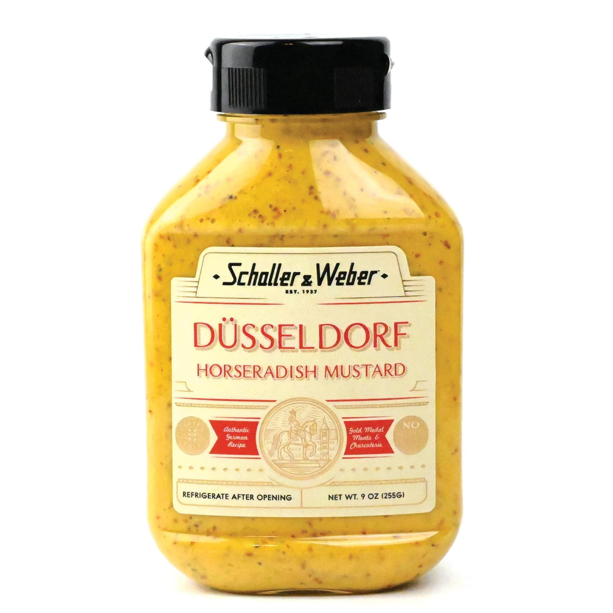 Schaller & Weber Dusseldorf Horseradish Mustard 9oz bottle adds bold flavor to sausages.