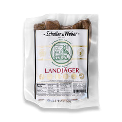 Schaller and Weber Landjaeger packaging shows a 10 oz smoked sausage for travel.