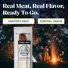 Landjaeger with hiking gear, a convenient outdoor snack for trails.