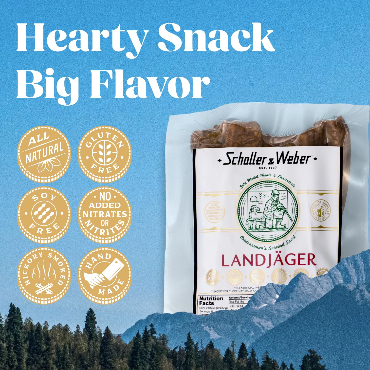Whole Landjaeger log in vacuum-sealed package preserving freshness.