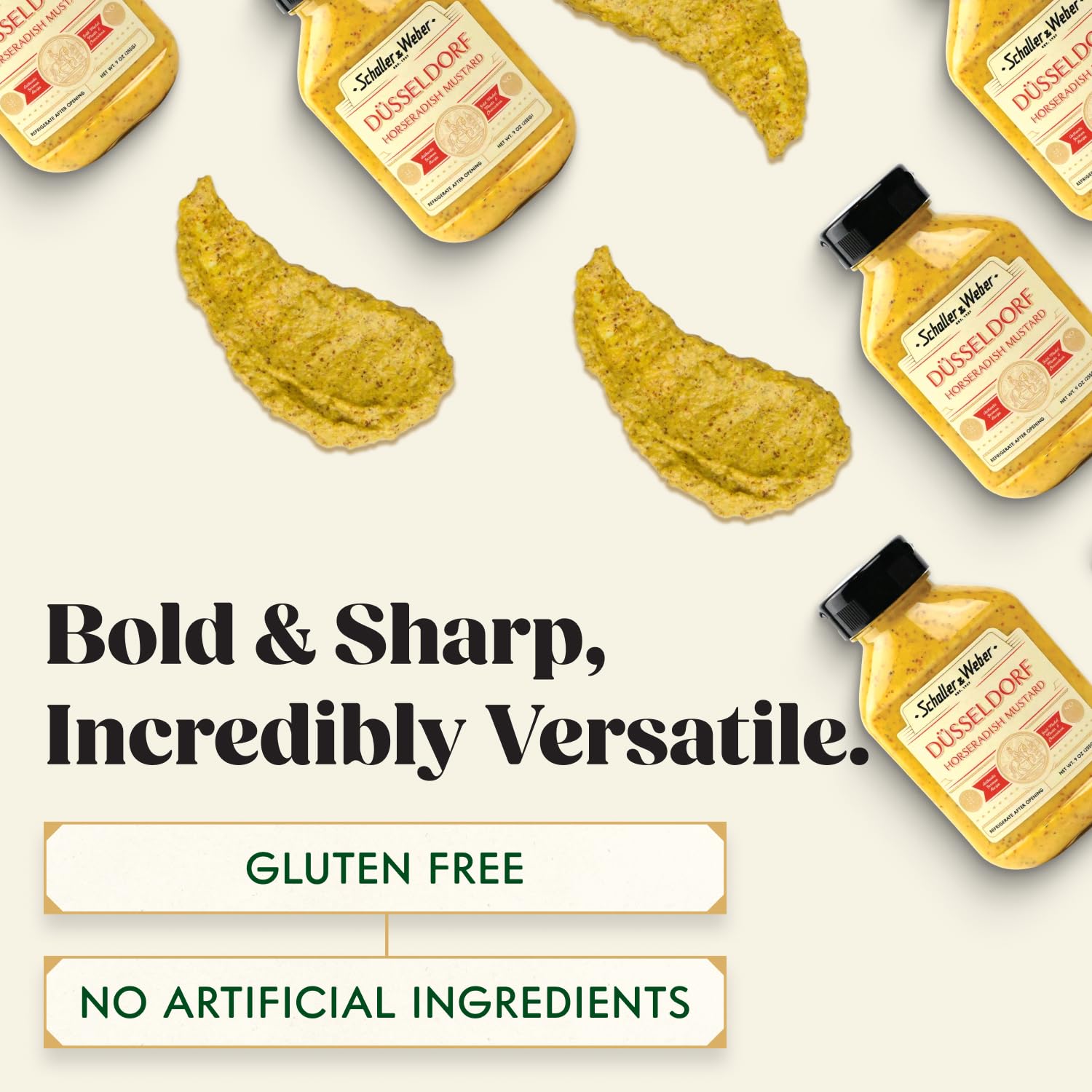 Schaller & Weber Mustard pour bottle on sandwiches for bold kick.