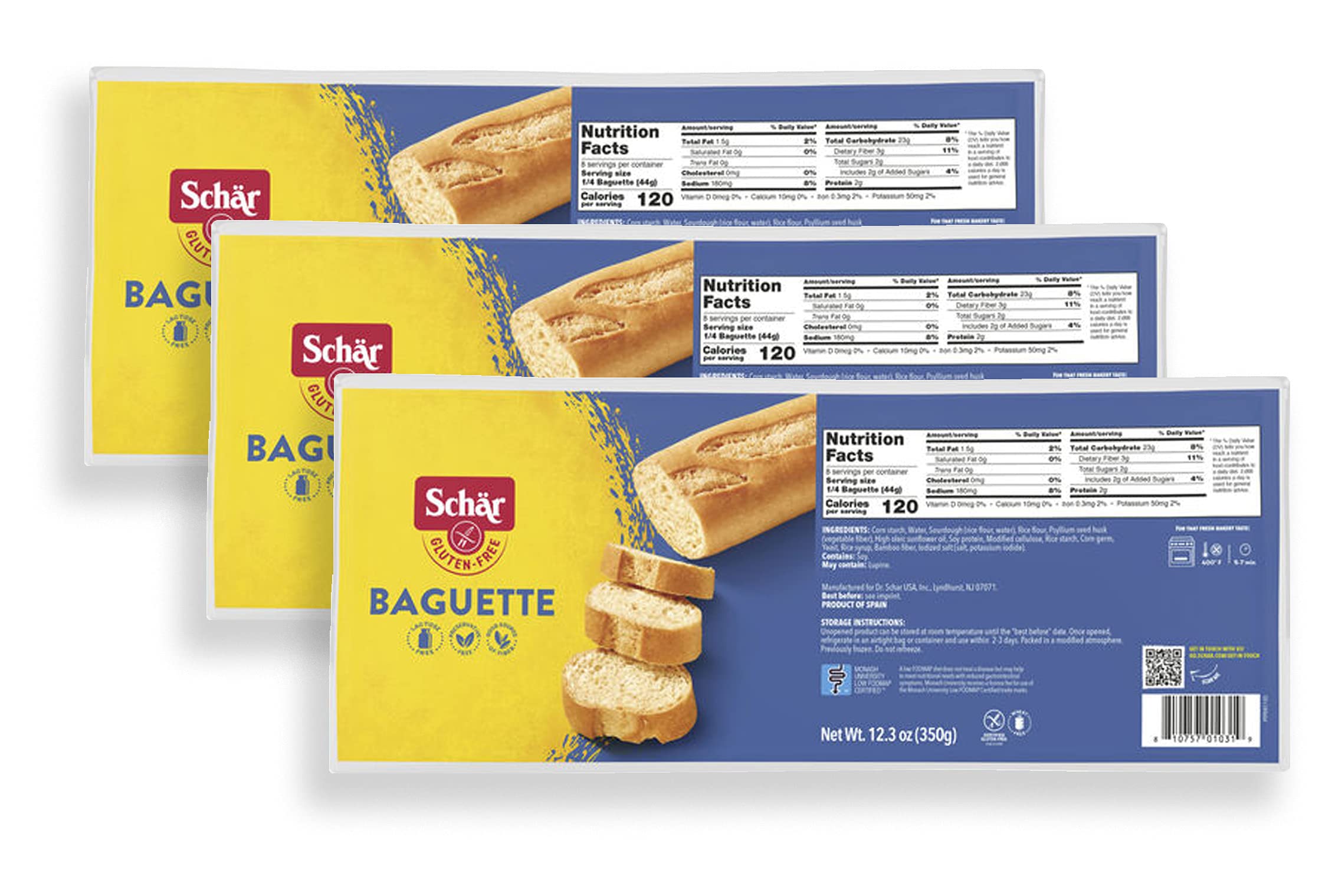 Schar gluten-free baguettes in packaging, convenient three-pack for quick meals.