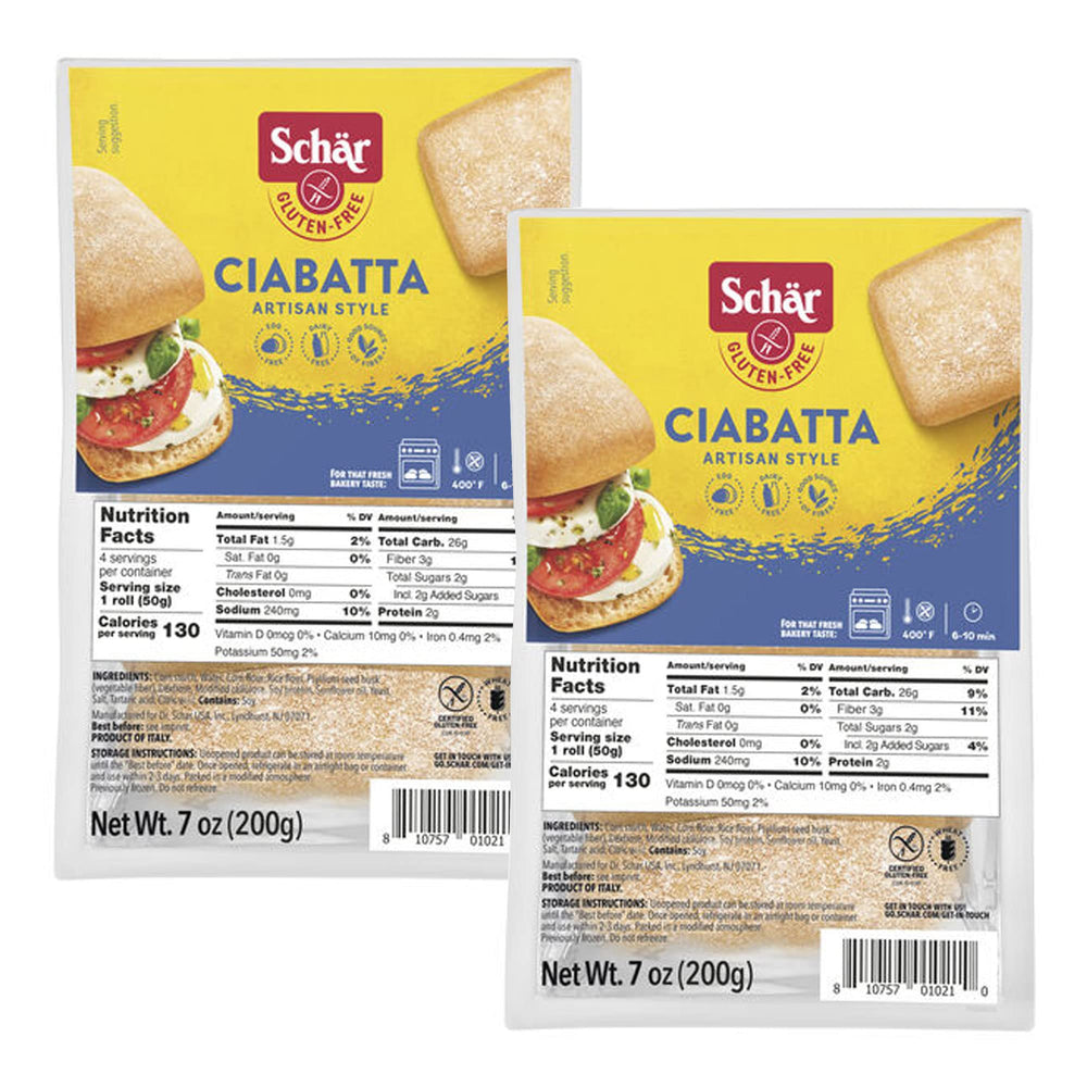 Schär Ciabatta 2-pack golden crust closeup showcases crisp exterior.