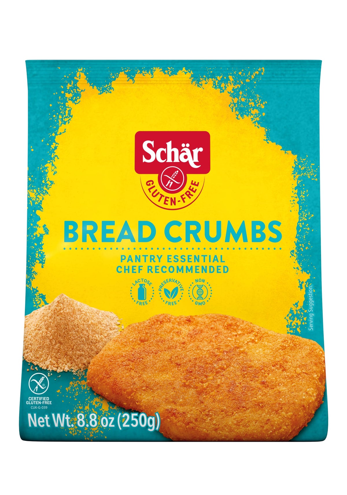Schär gluten-free bread crumbs packaging shown for gluten-free cooking