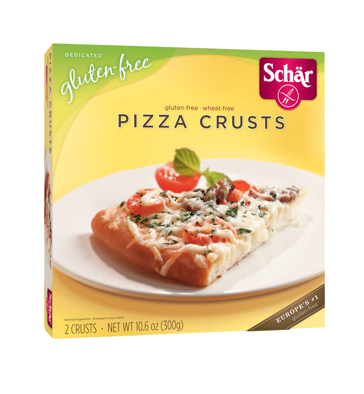 Schär gluten-free pizza crusts, two per box, ideal base for quick, customizable family pizzas.