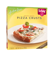 Schär gluten-free pizza crusts, two per box, ideal base for quick, customizable family pizzas.