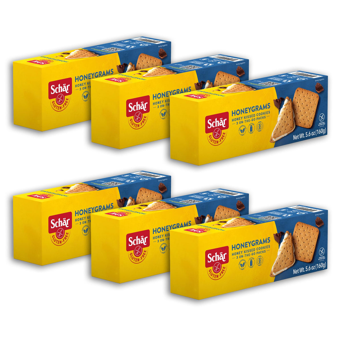 Schär Honeygram Crackers 6-Pack box, gluten-free snack for outdoor adventures.
