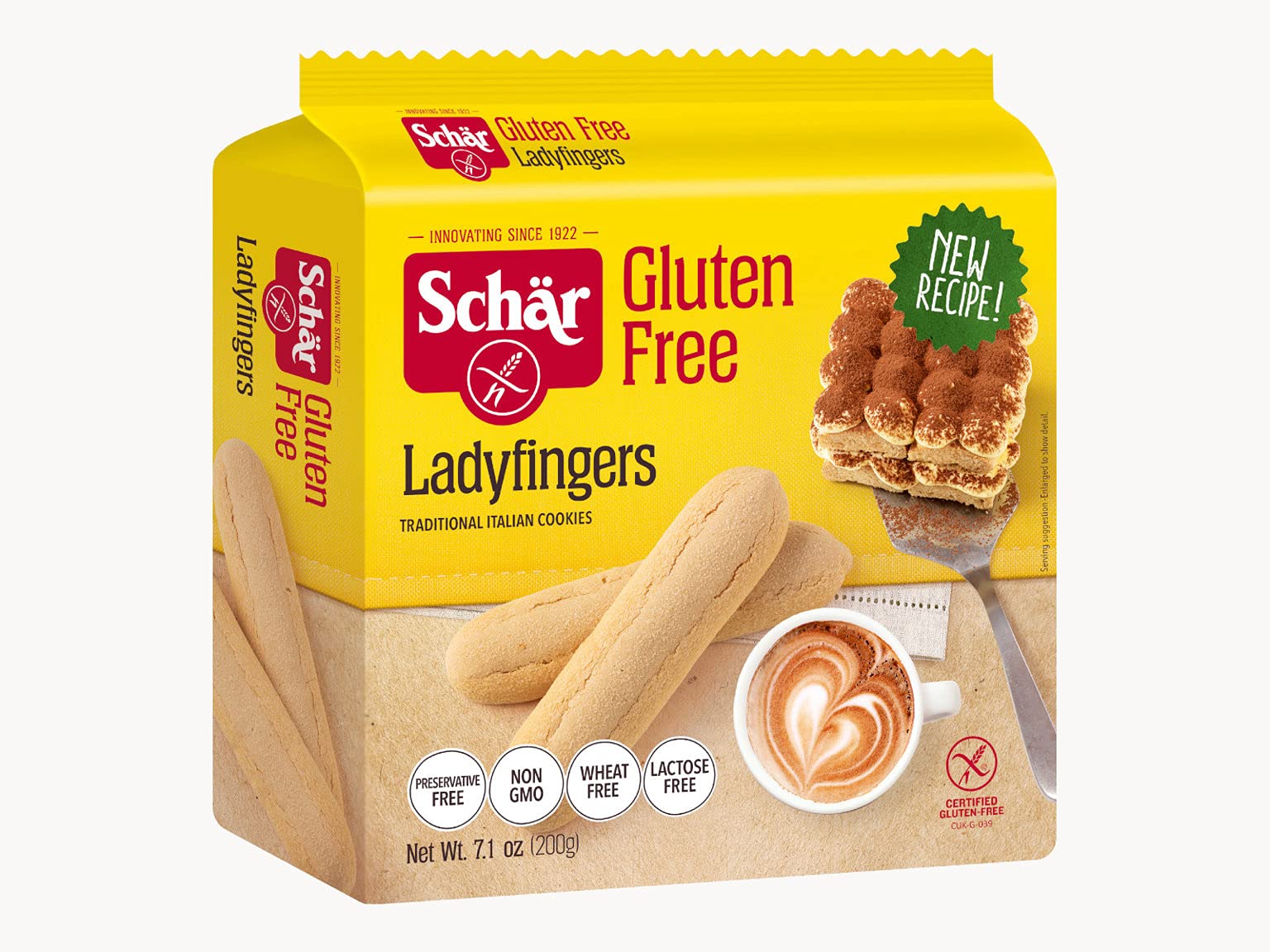 Schar Lady Fingers ingredients panel emphasizing gluten-free, non-GMO, and dairy-free features.