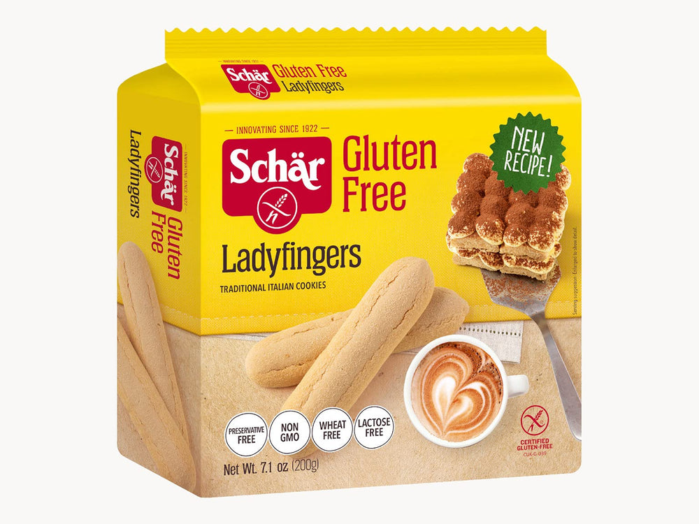 Schar Lady Fingers ingredients panel emphasizing gluten-free, non-GMO, and dairy-free features.