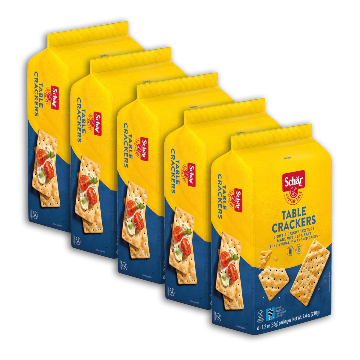 Schar Original Table Crackers six-pack packaging for convenient snacking on the go