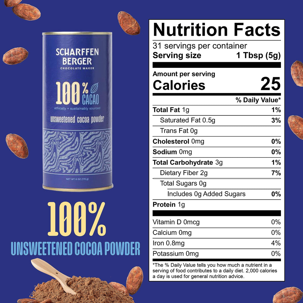 Scharffen Berger unsweetened cocoa powder with scoop for rich hot chocolate