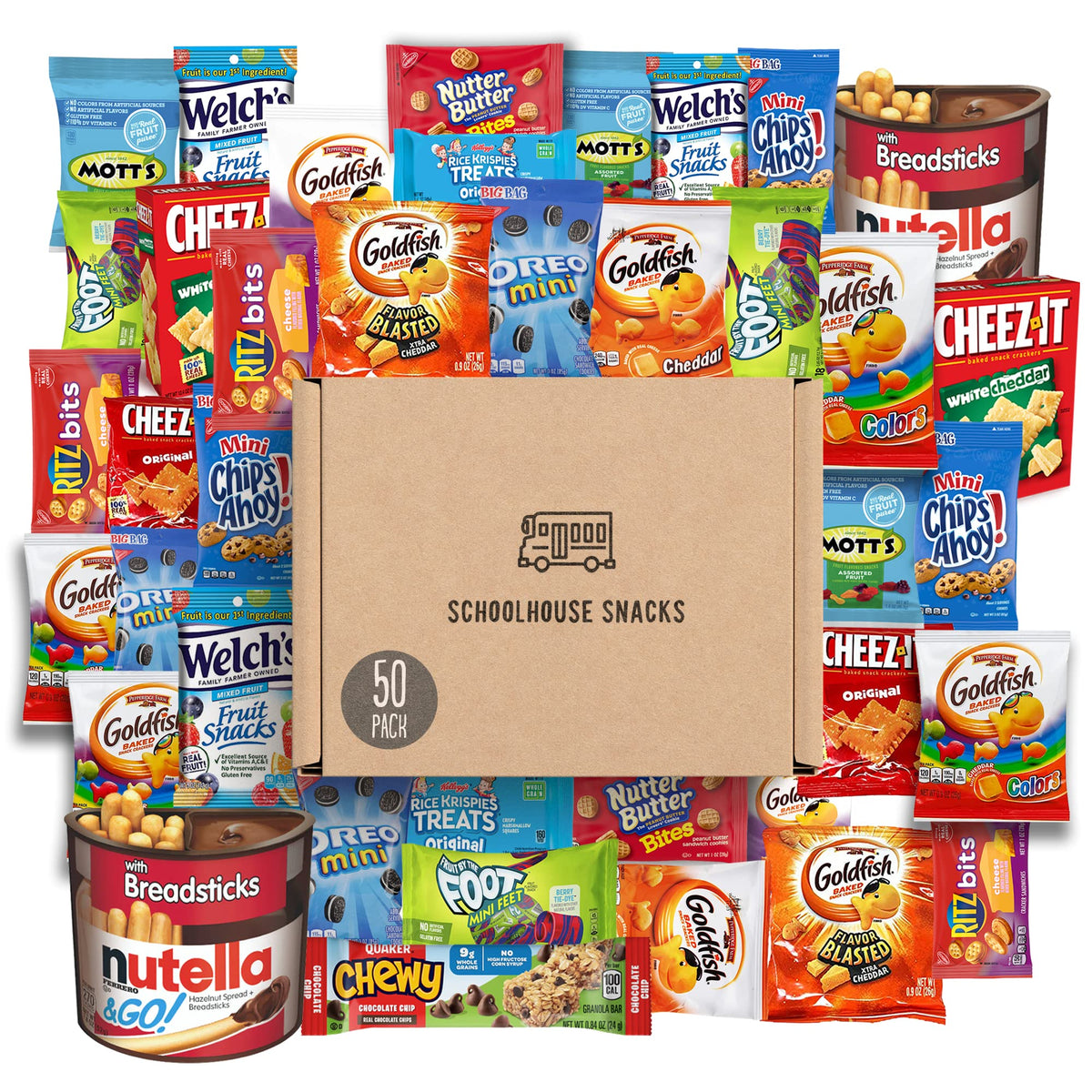 Schoolhouse Snacks 50-count variety box with kid-friendly crackers and cookies for school lunches.