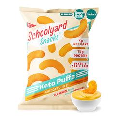 Schoolyard Cheddar Cheese Puffs pack close-up showcasing crunchy texture and branding