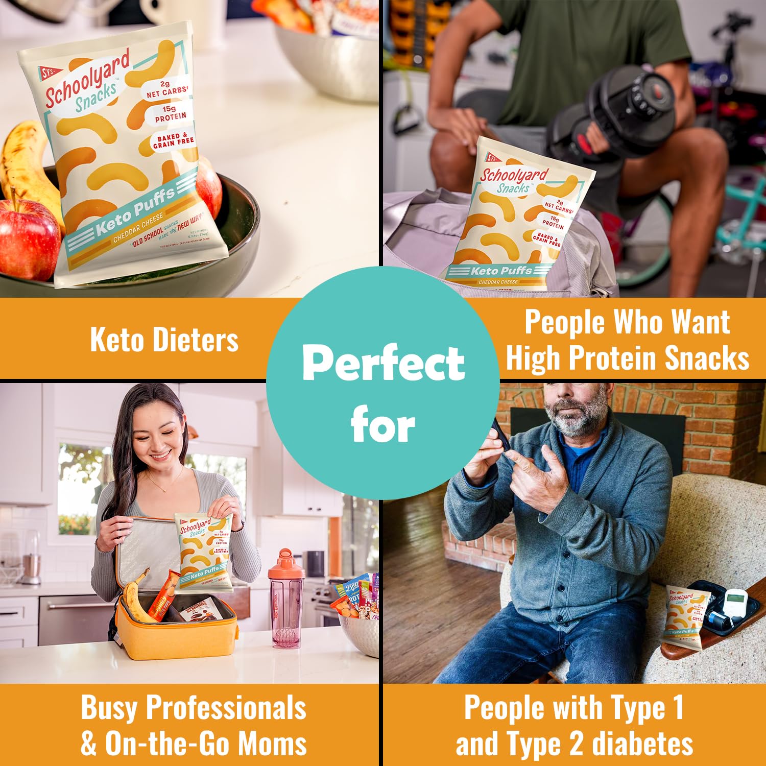 Serving suggestion with bowl and handful of puffs for snacking