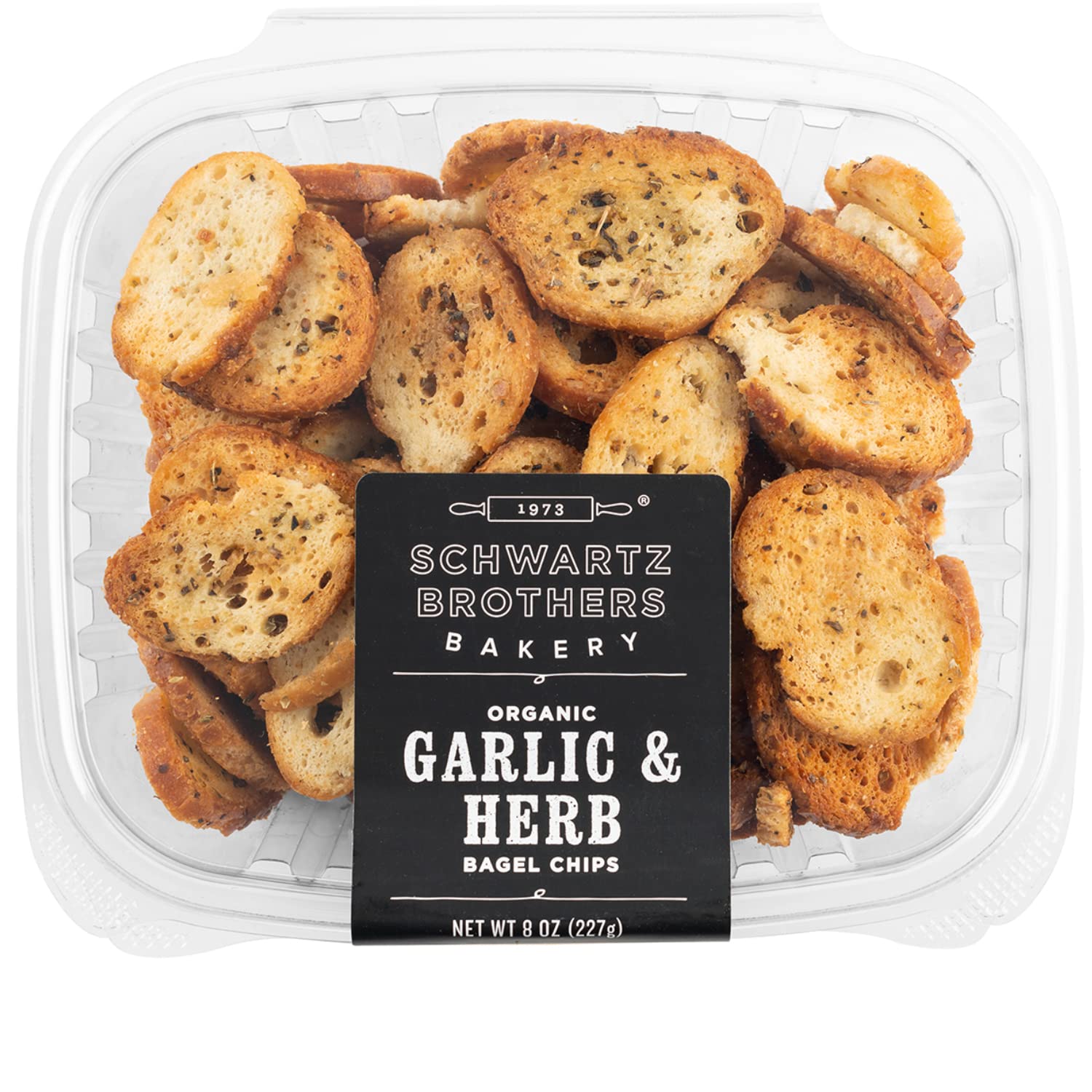 Schwartz Brothers Bakery garlic herb bagel chips arranged for dipping with cream cheese