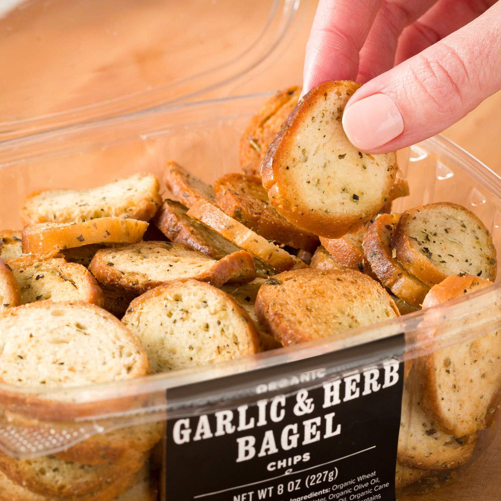 Snack-ready Schwartz Brothers garlic herb bagel chips for lunch boxes