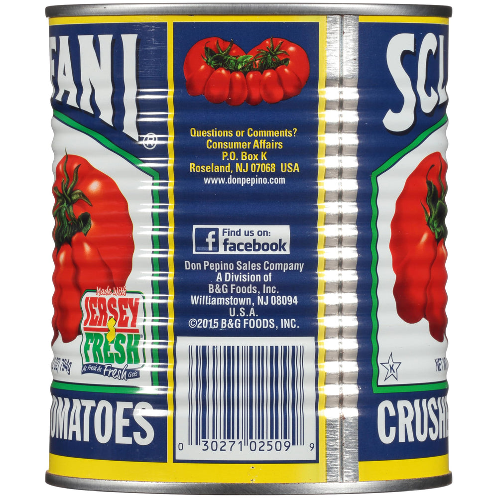 Top view of the Sclafani crushed tomatoes can ready for cooking.
