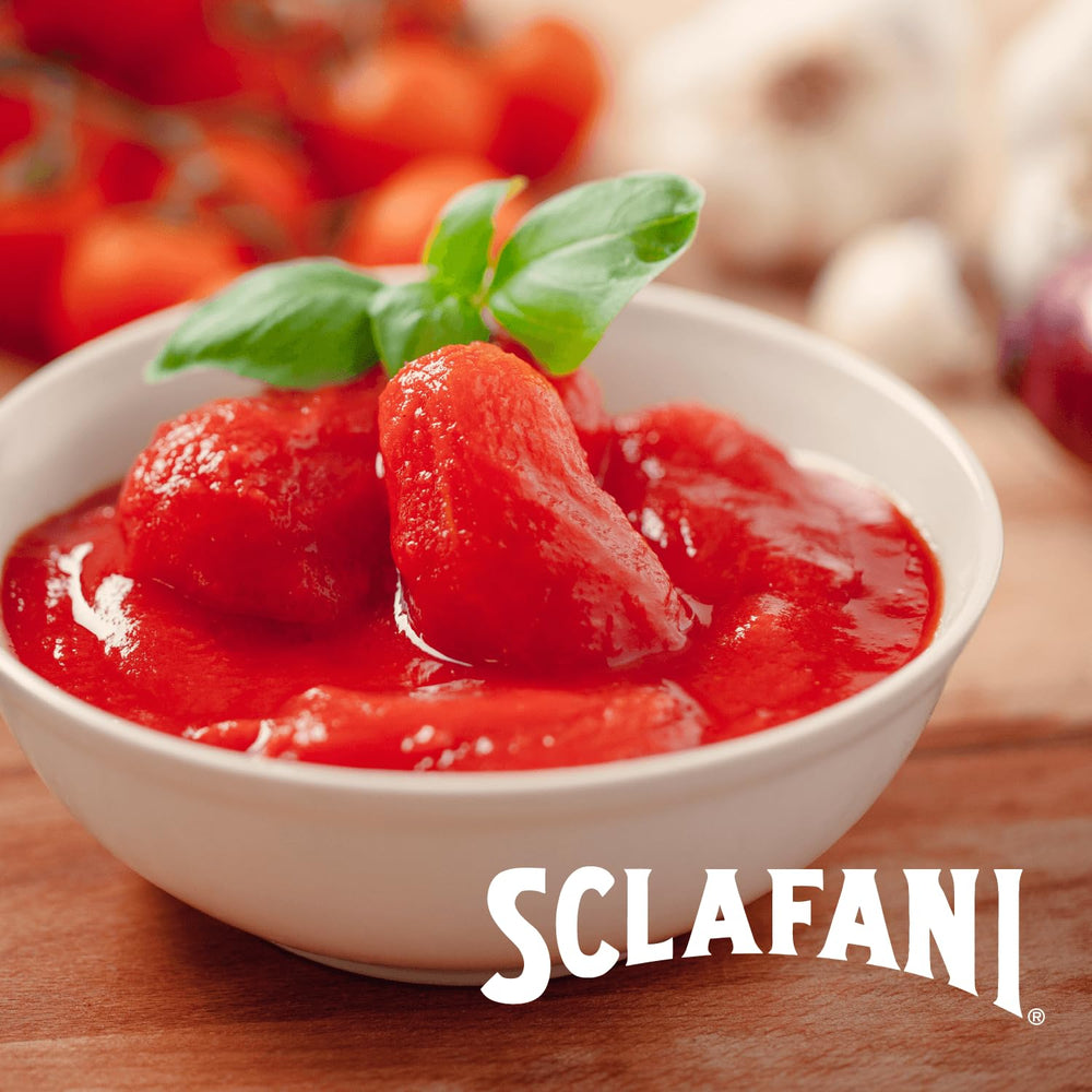 Sclafani crushed tomatoes pack 12-count, bulk convenience for weekly cooking.