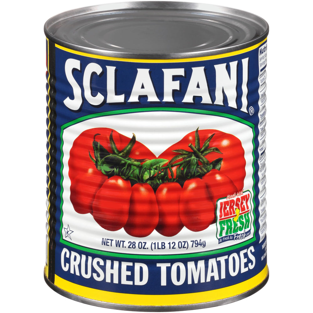 Sclafani crushed tomatoes in vine-ripened can, perfect for sauces.