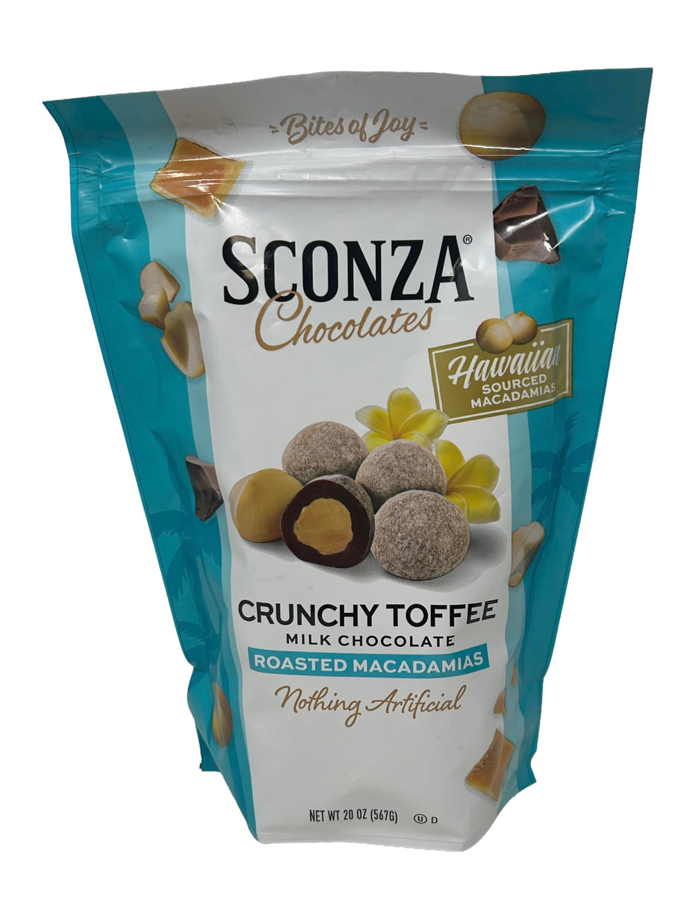 Sconza Crunchy Toffee Milk Chocolate Macadamias 20oz close-up of premium ingredients and bite-size pieces.