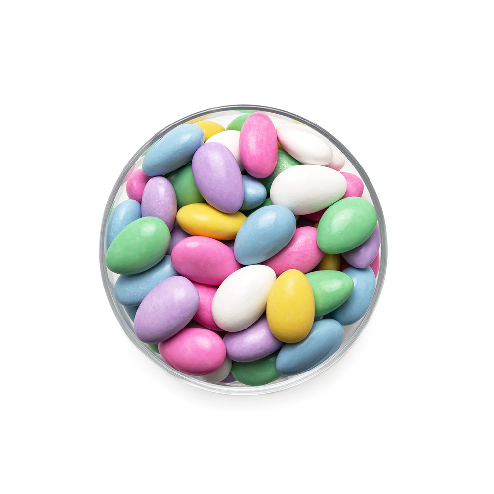 Easter gift presentation with Sconza Jordan almonds in decorative bowl