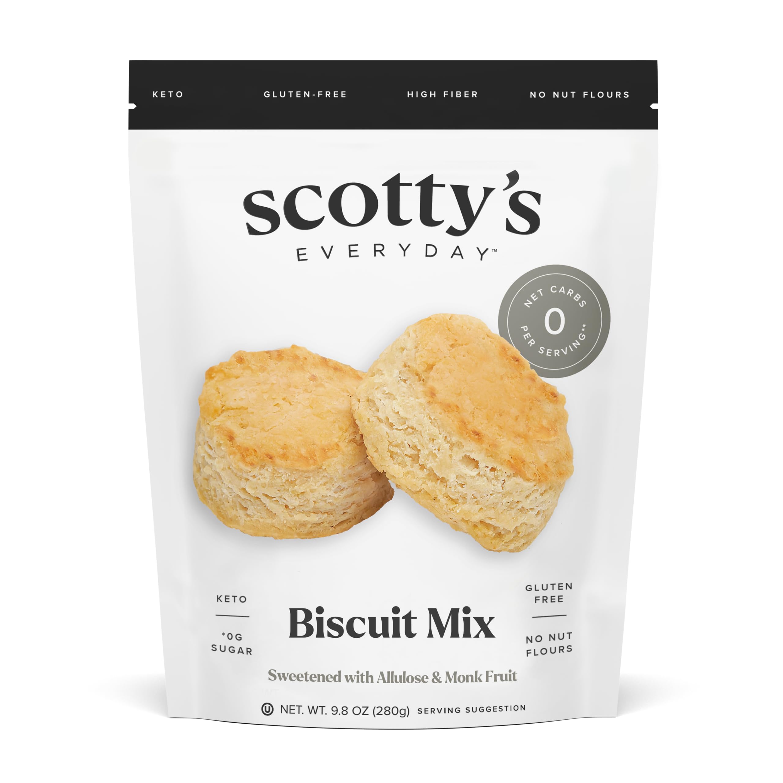 Scotty's Everyday Keto Biscuit Mix package highlighting gluten-free, zero carb baking potential.