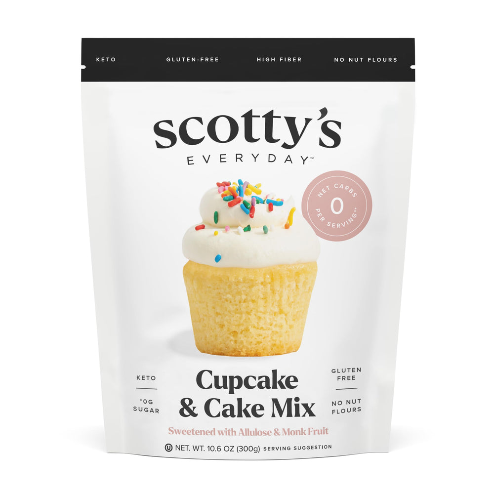 Scotty's Everyday keto cupcake mix vanilla cupcake image with zero net carbs per serving.