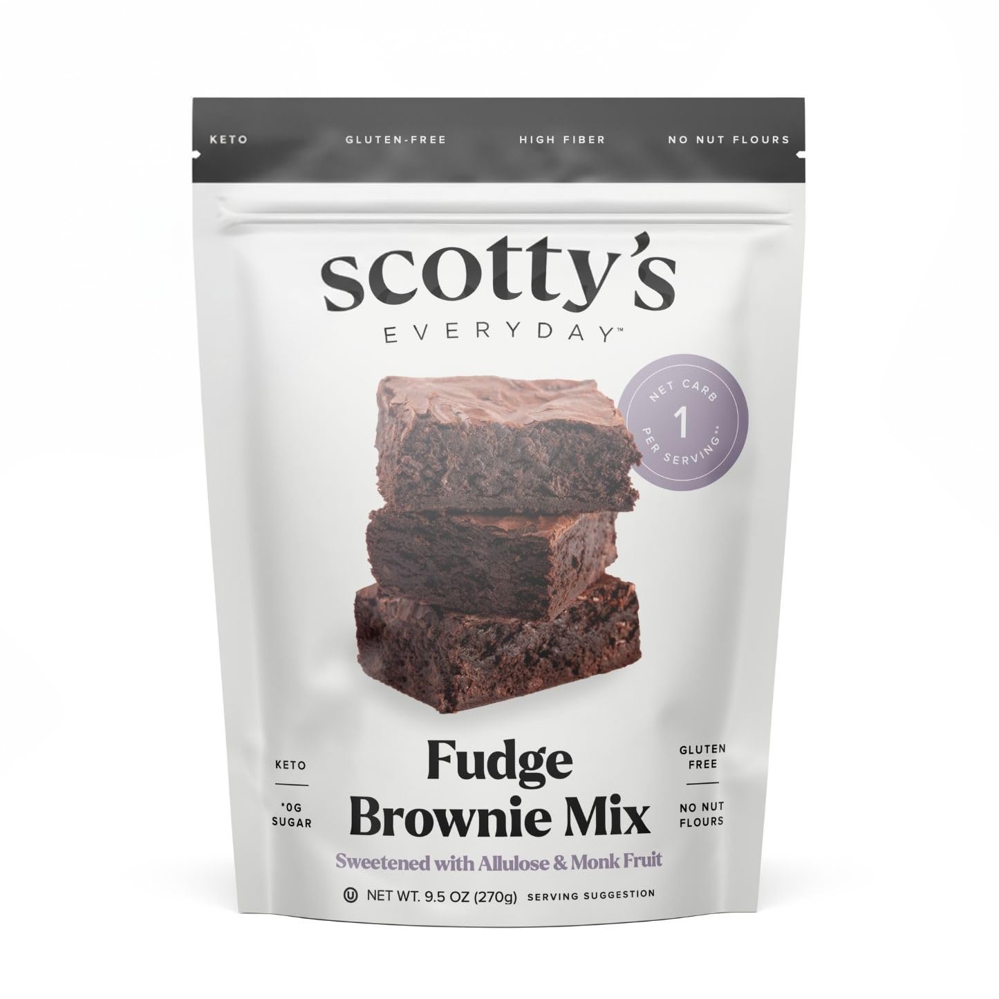 Scotty's Everyday Keto Fudge Brownie Mix packaging highlighting gluten-free and 1g net carbs, ideal for keto snacks.