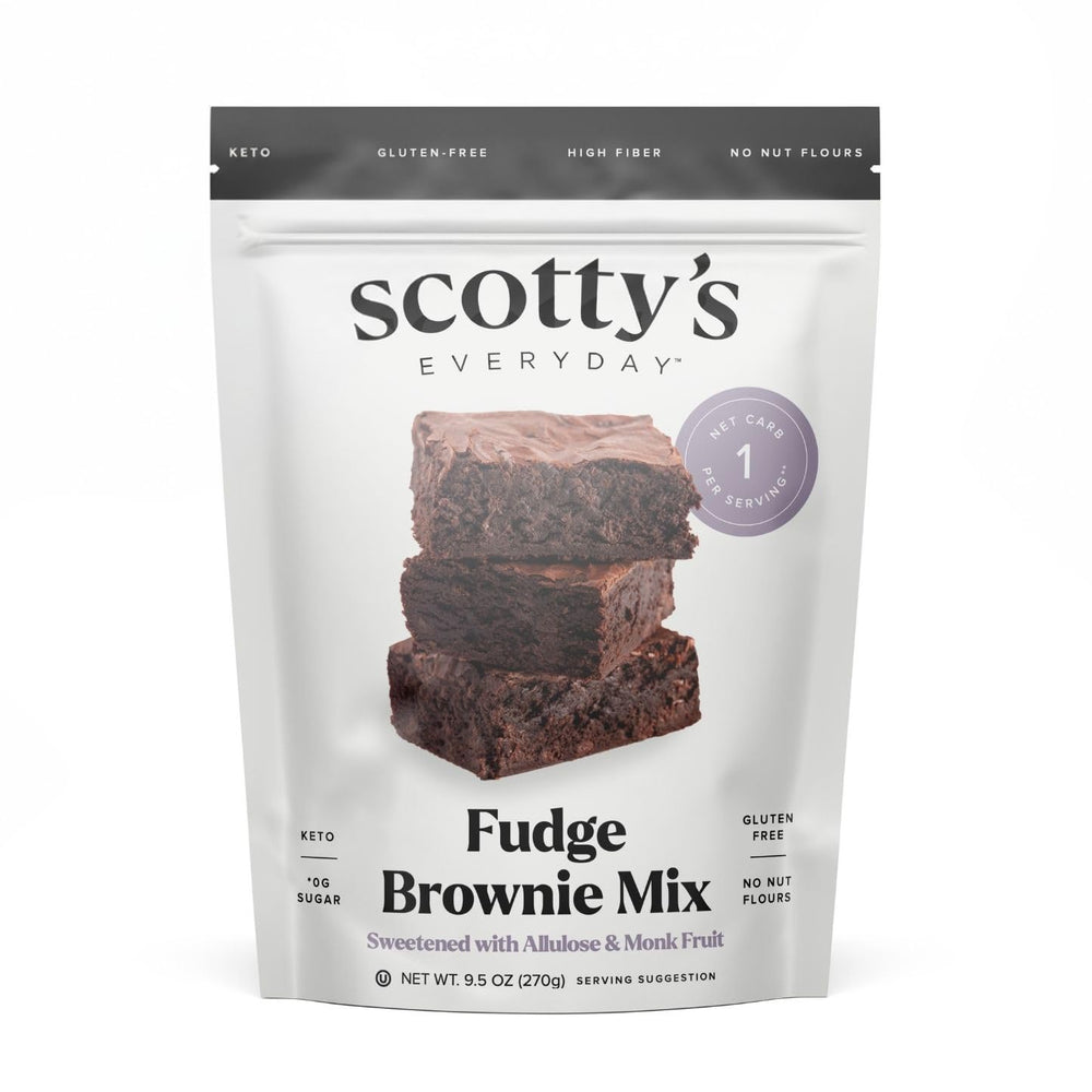 Scotty's Everyday Keto Fudge Brownie Mix packaging highlighting gluten-free and 1g net carbs, ideal for keto snacks.