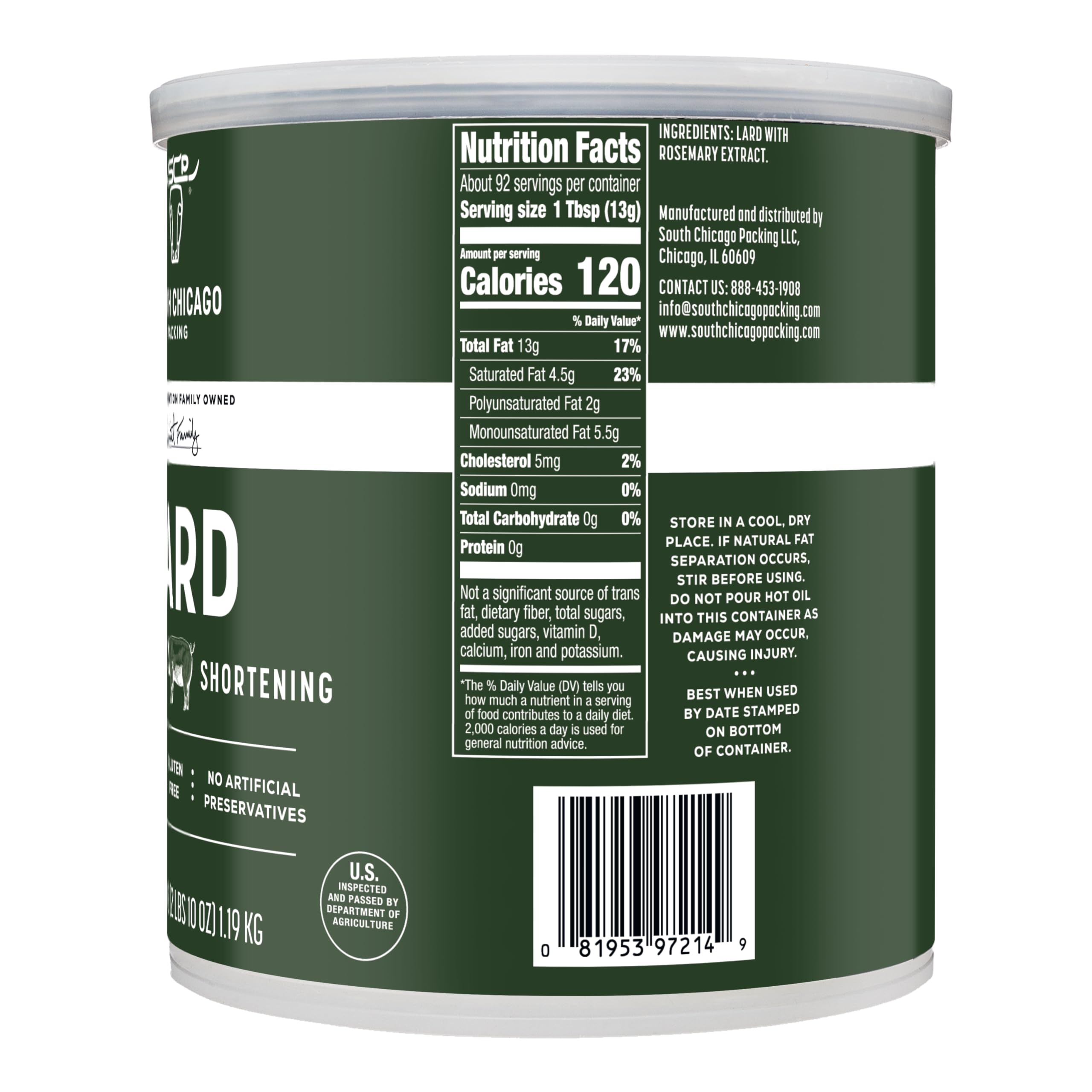 SCP lard shortening label close-up showing clean ingredients.