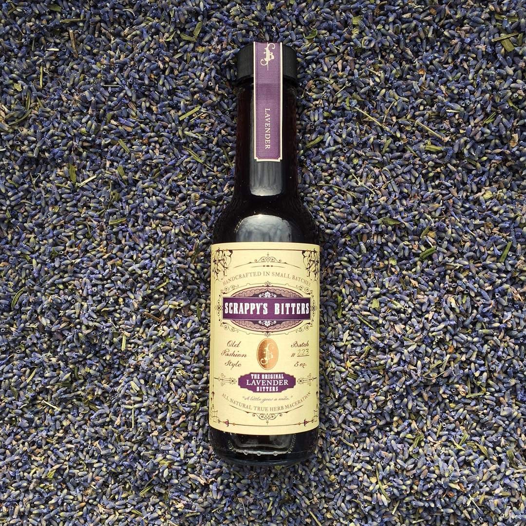 Scrappy's Lavender Bitters label close-up highlighting organic herbs
