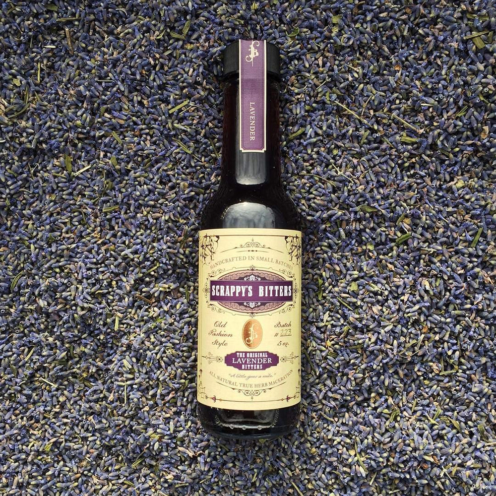 Scrappy's Lavender Bitters label close-up highlighting organic herbs