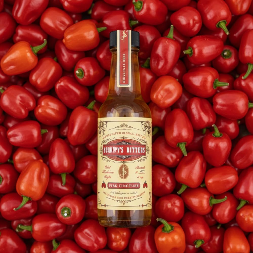 Scrappy's Fire Tincture bottle close-up highlights premium ingredients for bold flavor.