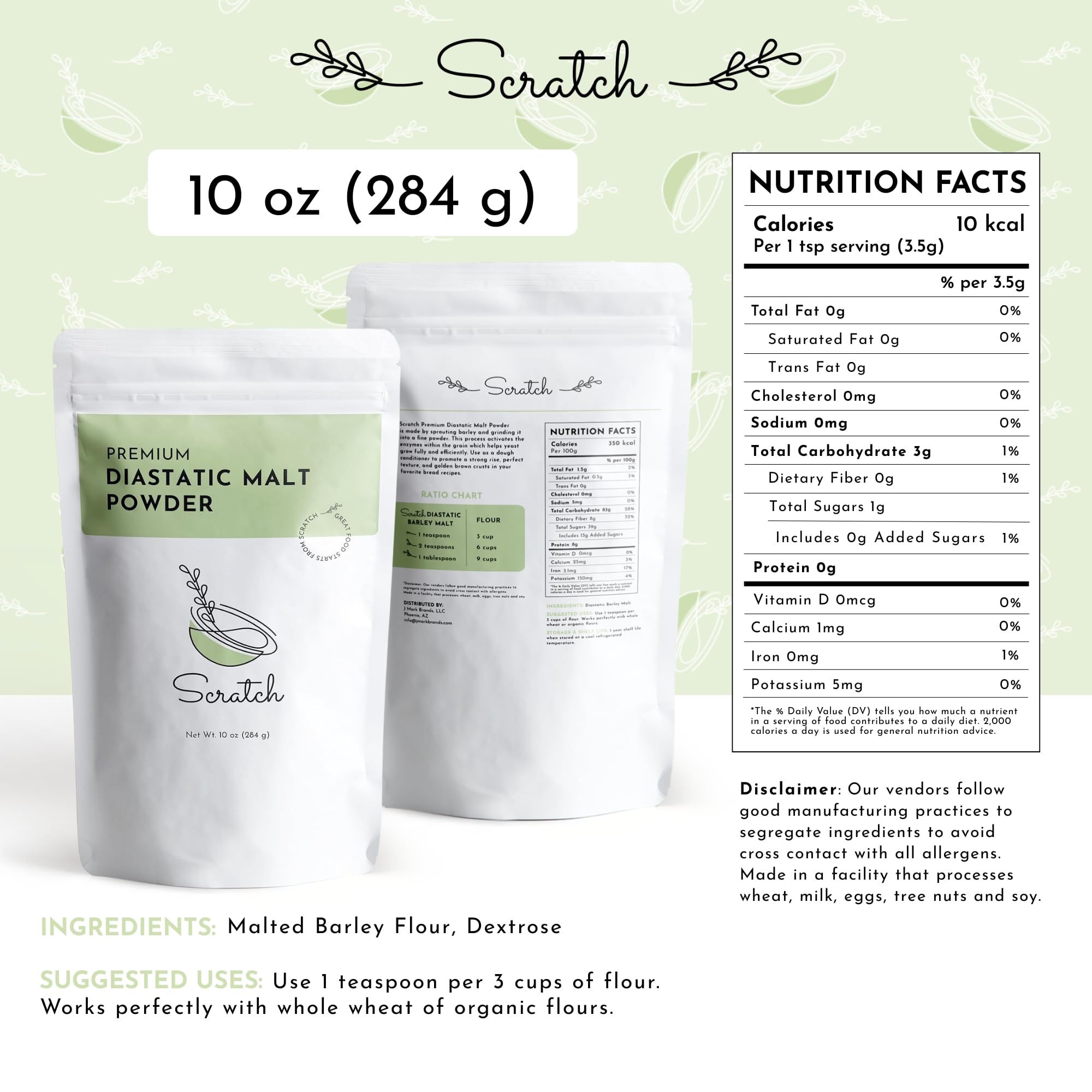 Scratch diastatic malt powder packaging shown for pantry storage and shelf life