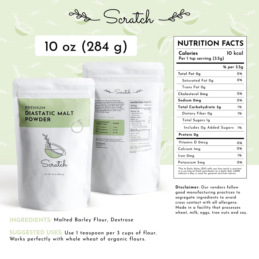 Scratch diastatic malt powder packaging shown for pantry storage and shelf life