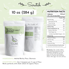 Scratch diastatic malt powder packaging shown for pantry storage and shelf life