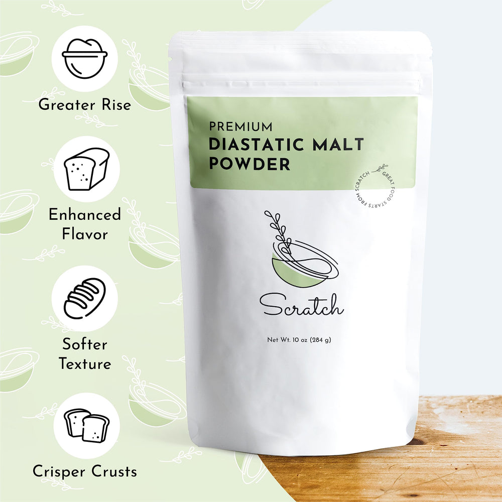 Scratch diastatic malt powder being scooped to mix into dough