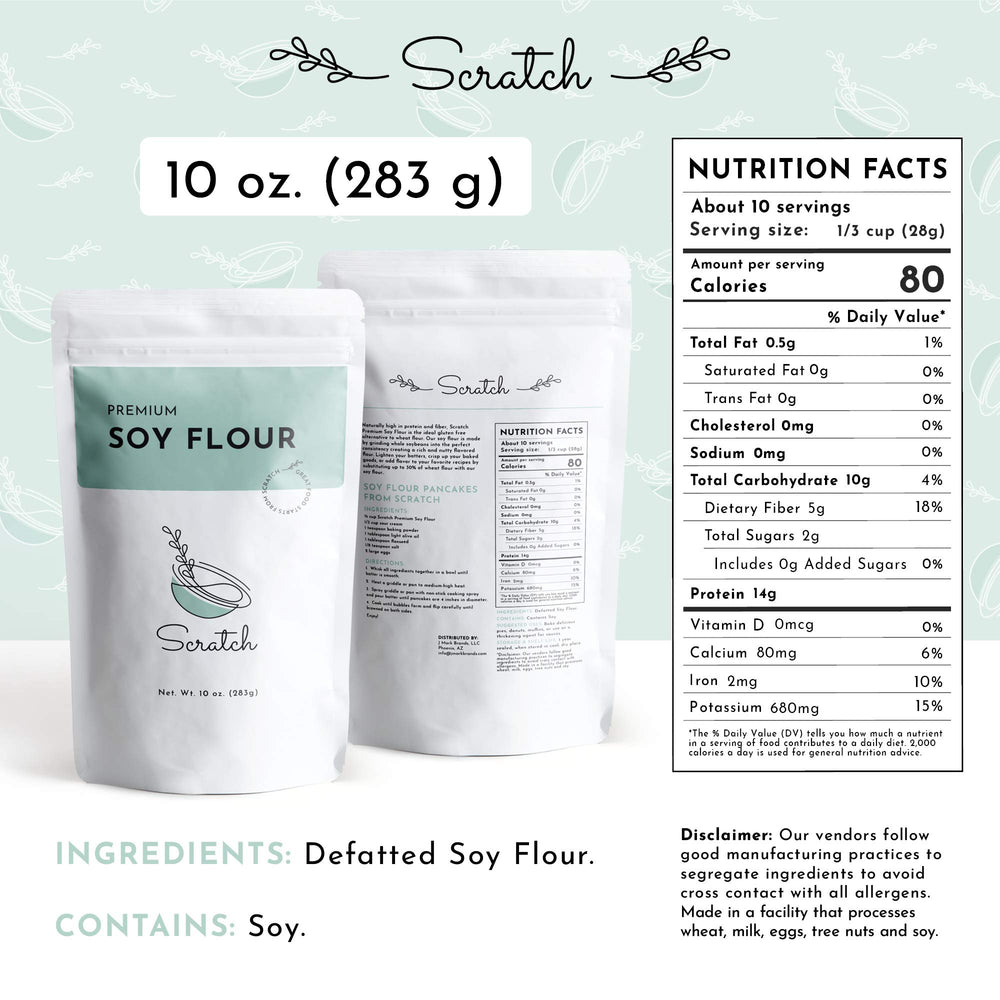 Scratch Premium Defatted Soybean Flour shows light-batter texture for cakes and pancakes