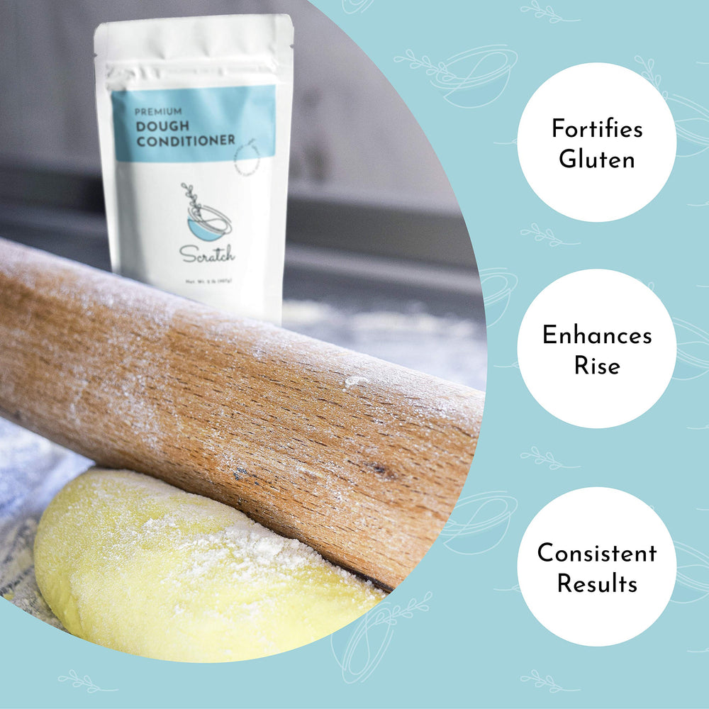 Scratch Premium Dough Conditioner - measuring-teaspoon focus shows easy, precise dosing per recipe.